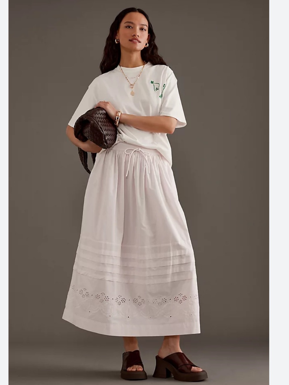 Damson Madder Kelsey Broderie Anglaise Tiered Midi Skirt in Light Pink